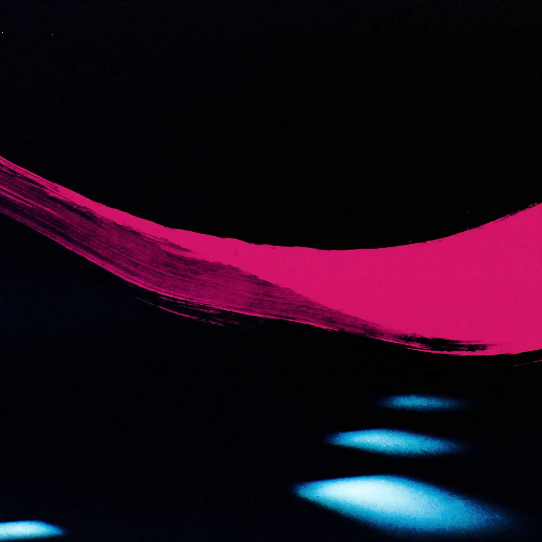 A single sweeping brushstroke of luminous magenta ink across black textured paper, macro