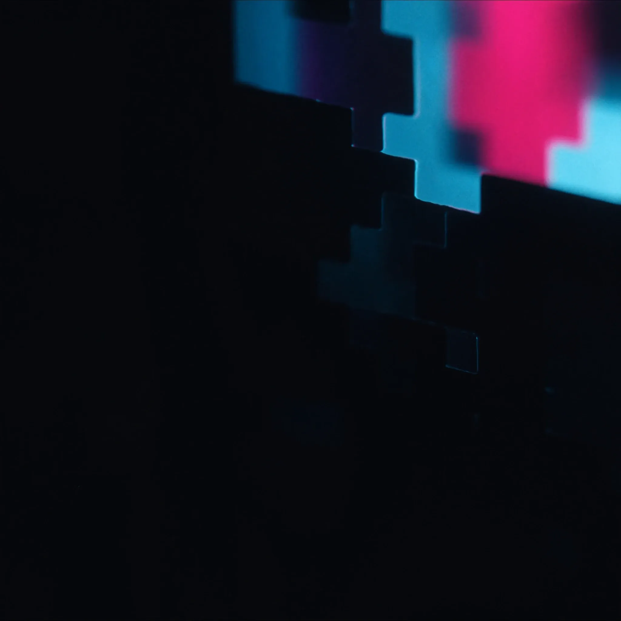 Interlocking geometric blocks of frosted glass slotting together, soft blue light on black