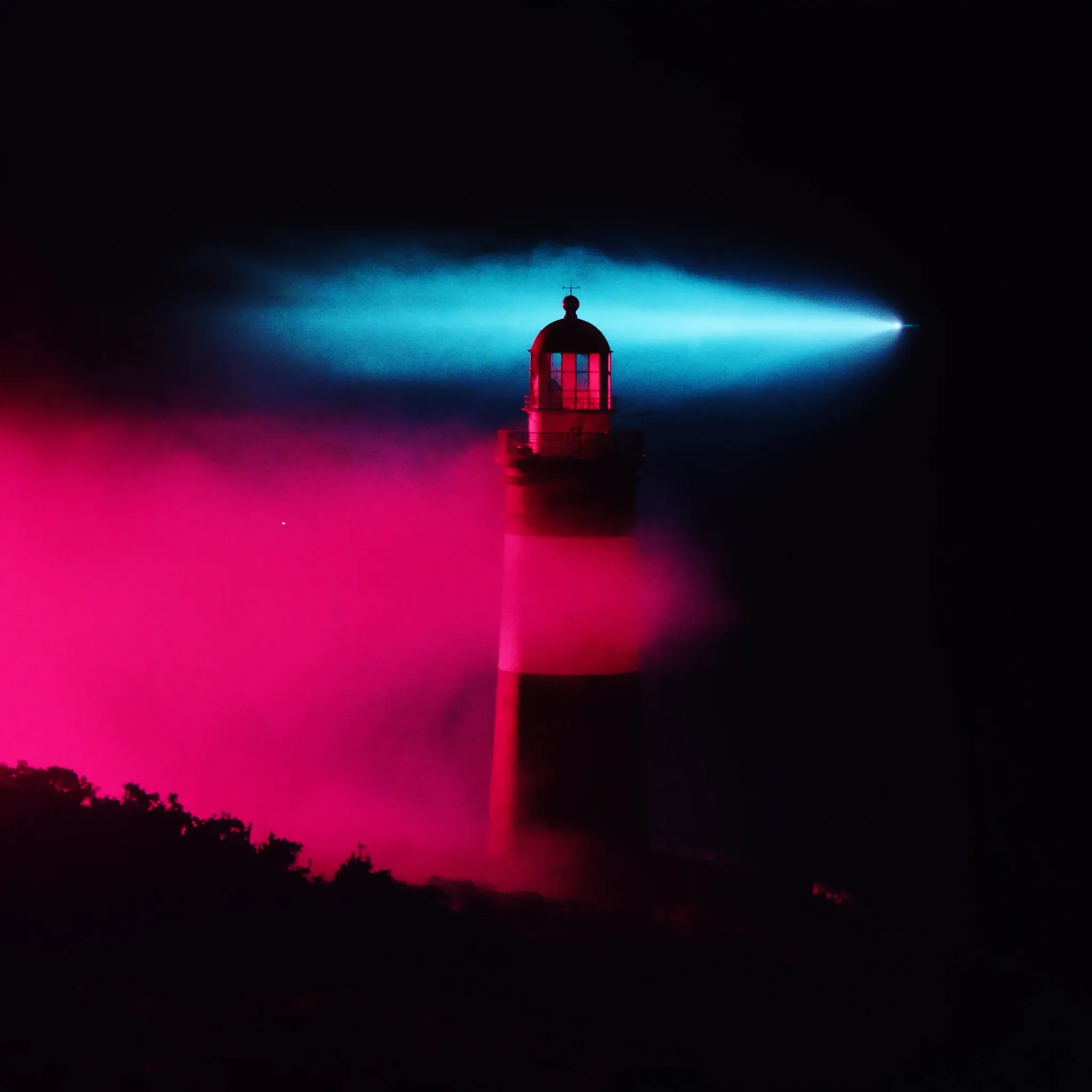 The red-and-white striped Green Point lighthouse in Cape Town at dusk, sea fog rolling in, its beam cutting through the mist