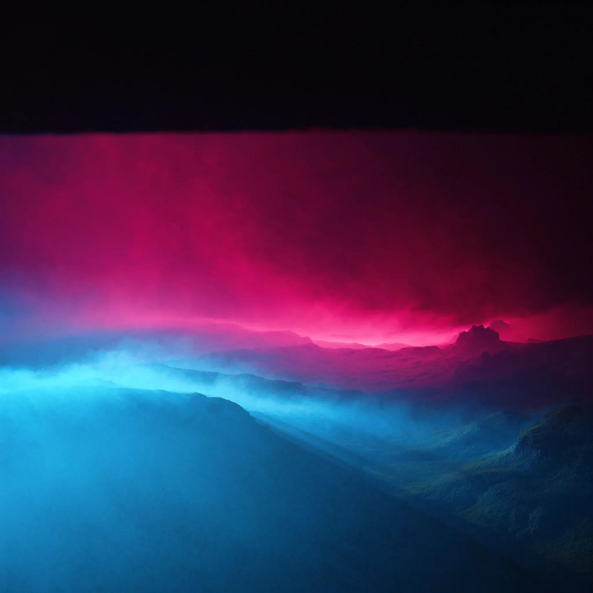 Waves of light pulsing outward in rhythm through haze, pink and cyan