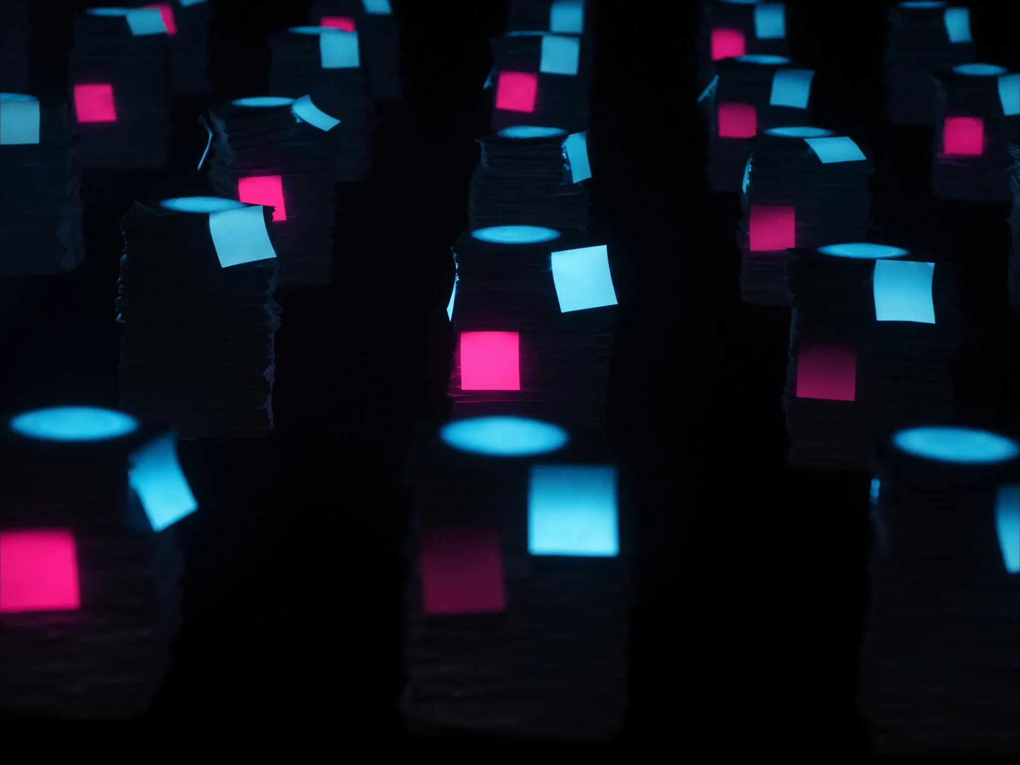 Towers of blank paper stacked in long identical rows in dim light, repeating into the distance