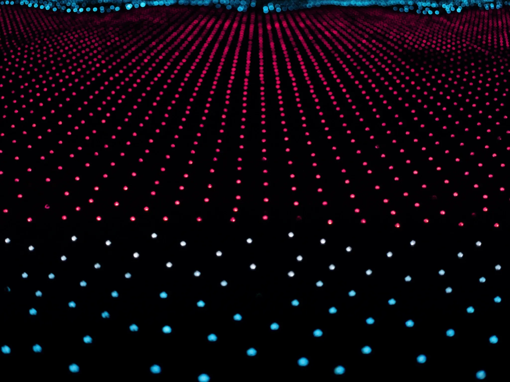 A vast dark grid of thousands of identical small lights, one glowing slightly brighter than the rest