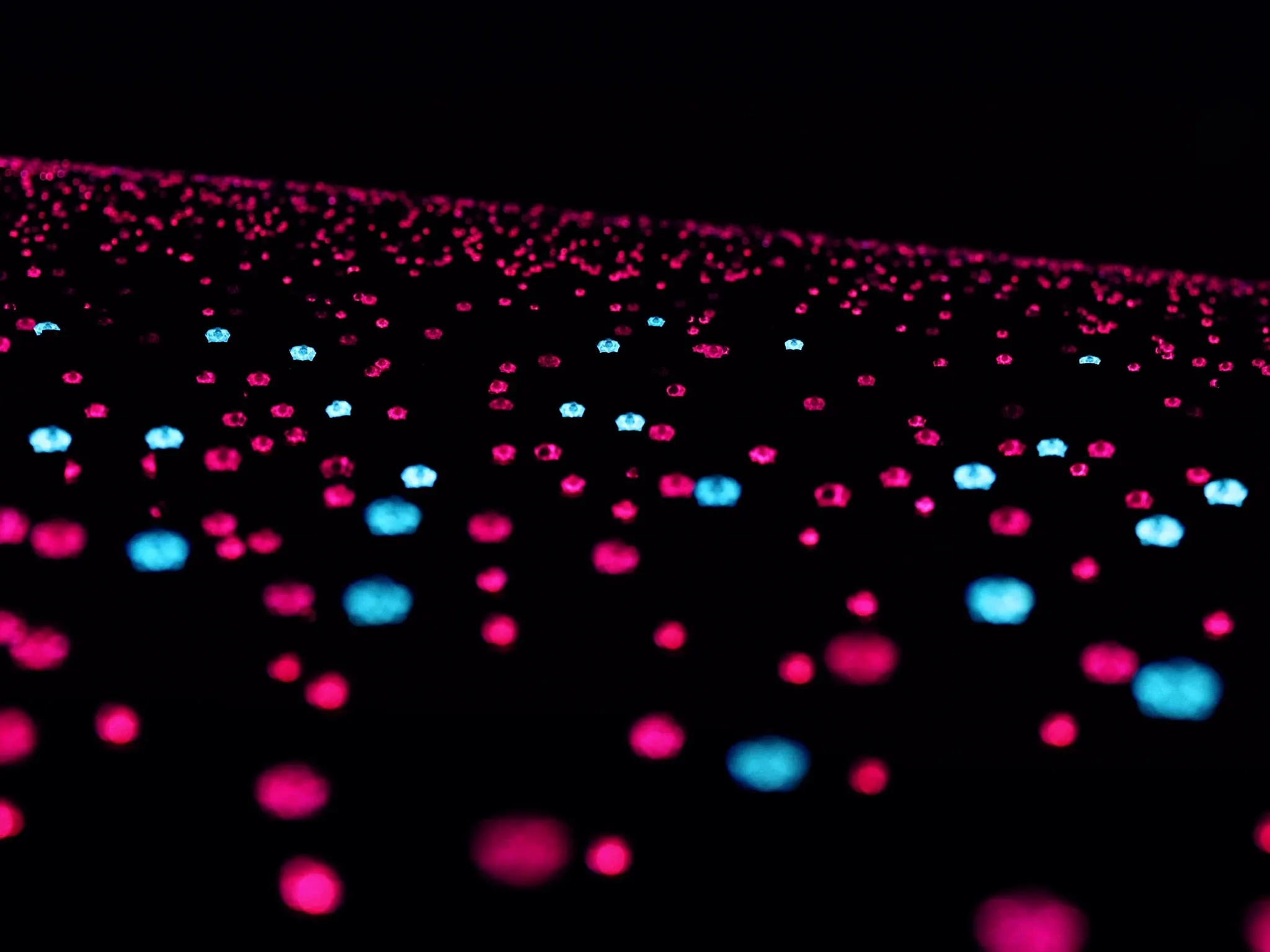 Many identical small lights scattered aimlessly across a dark field, out of focus