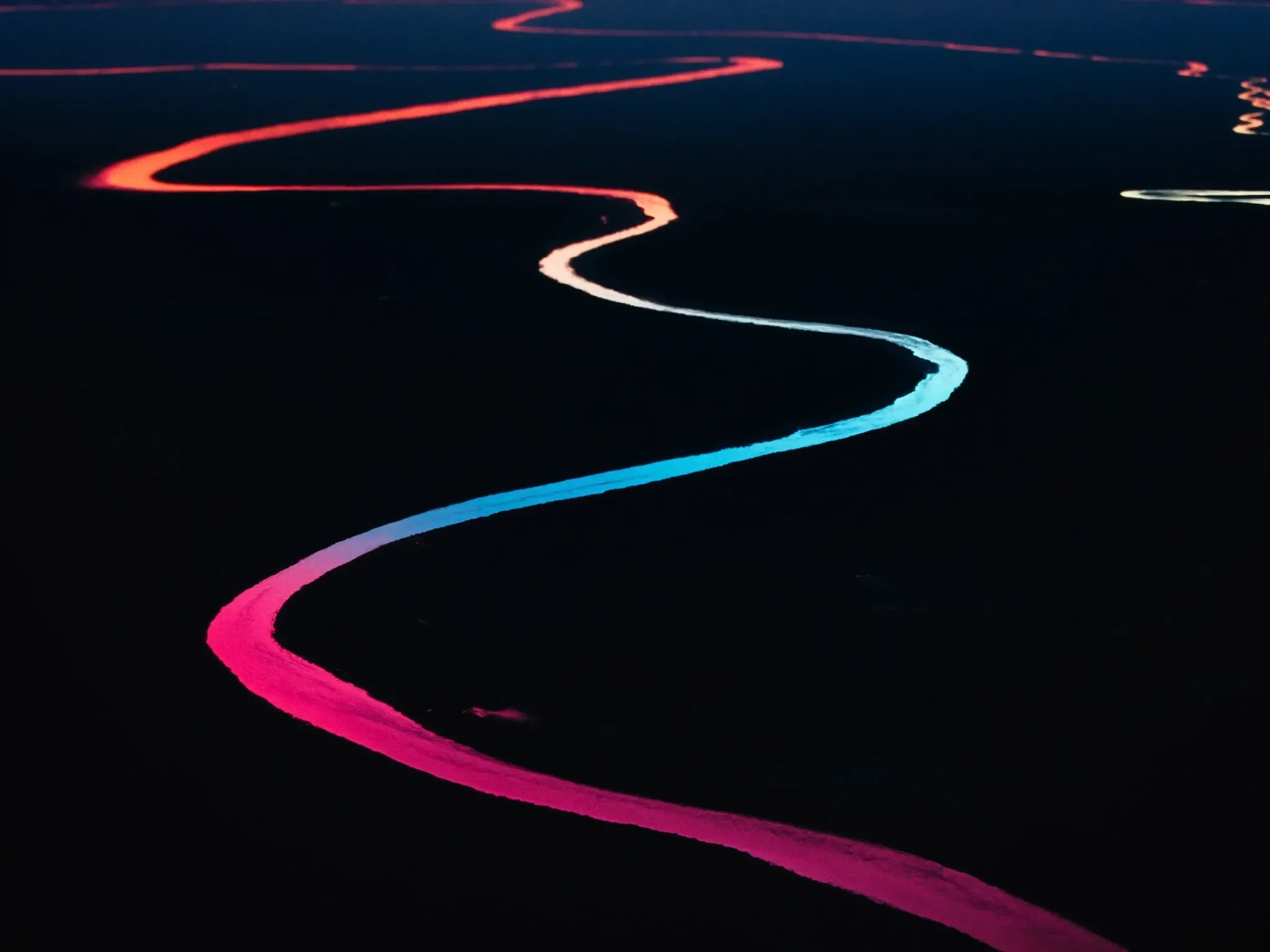 A winding river delta seen from far above, its channels branching in clear patterns, dusk colours
