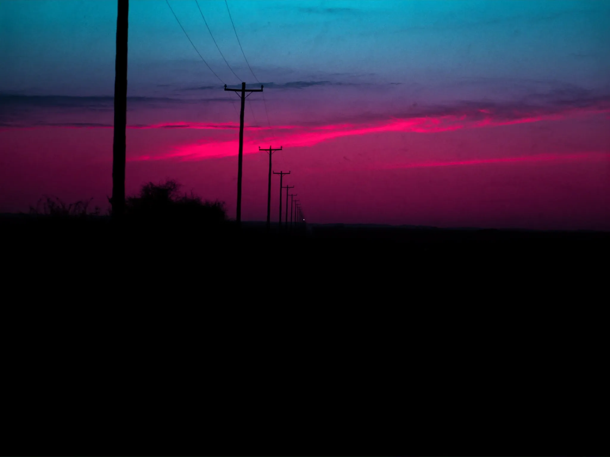 A long straight road through open South African veld at golden hour, stretching to the horizon under a wide sky, telephone poles receding, cinematic