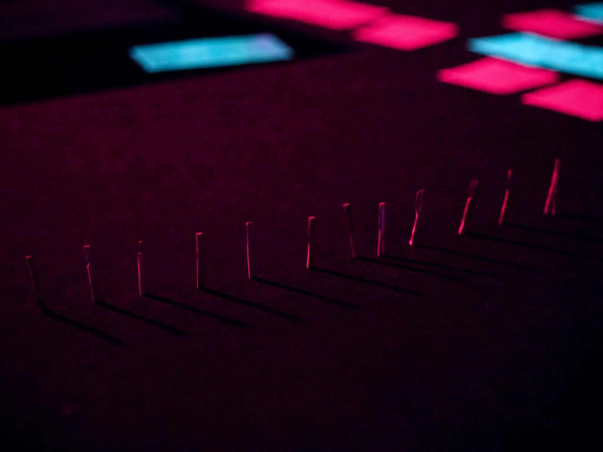 Evenly spaced wooden pegs casting identical long shadows across a dark surface in pink evening light